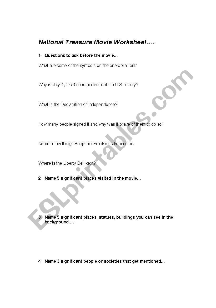 National Treasure worksheet