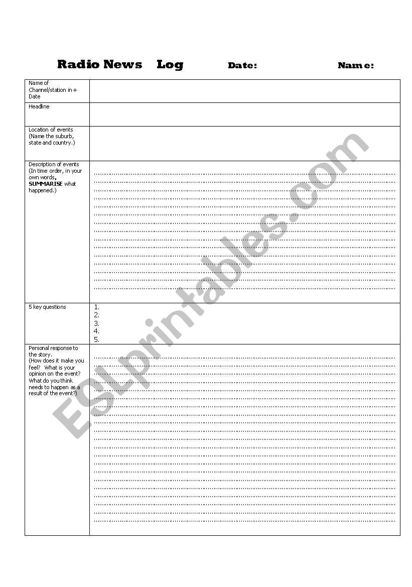 Radio Reading Log worksheet