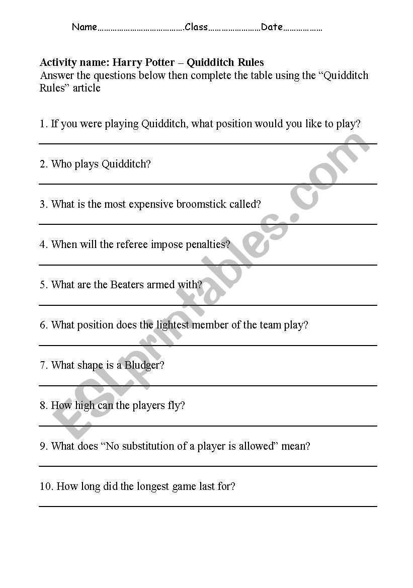 Quidditch Rules worksheet