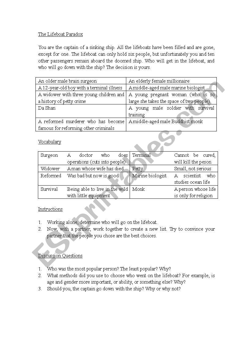 The Lifeboat Paradox worksheet