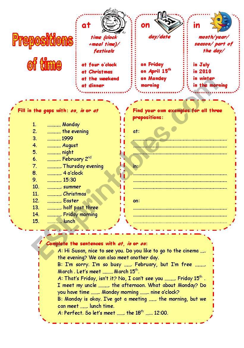 Prepositions of time worksheet