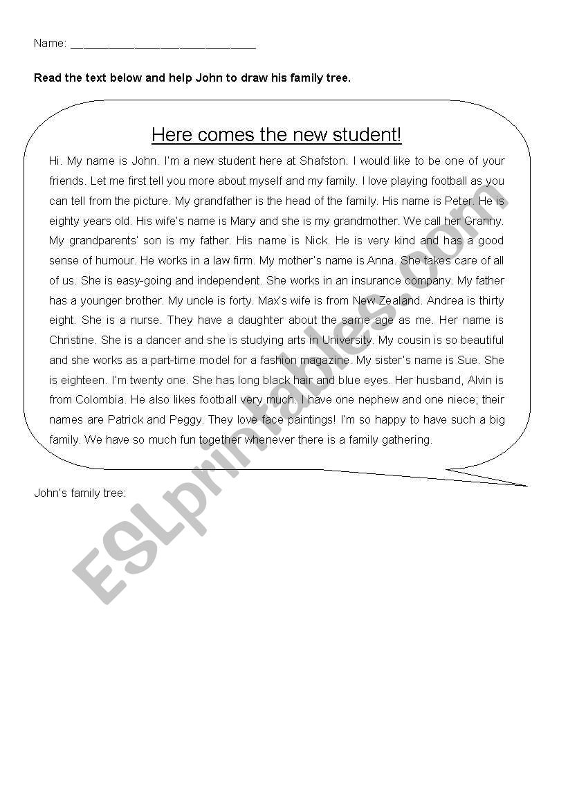 Comprehension WS for familly topic