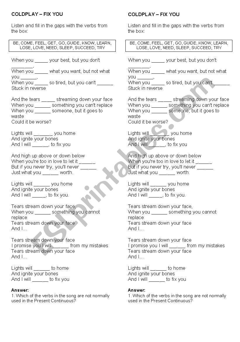 Song - Fix You by Coldplay worksheet