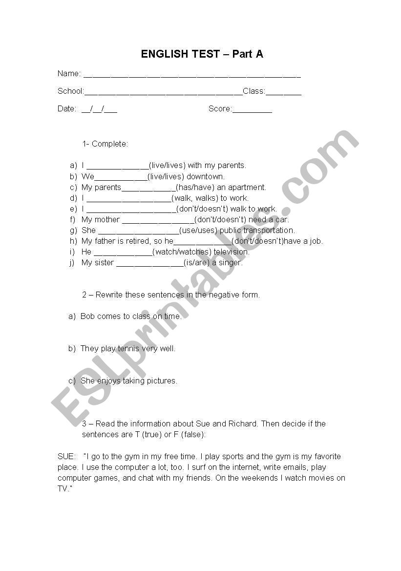 grammar test worksheet