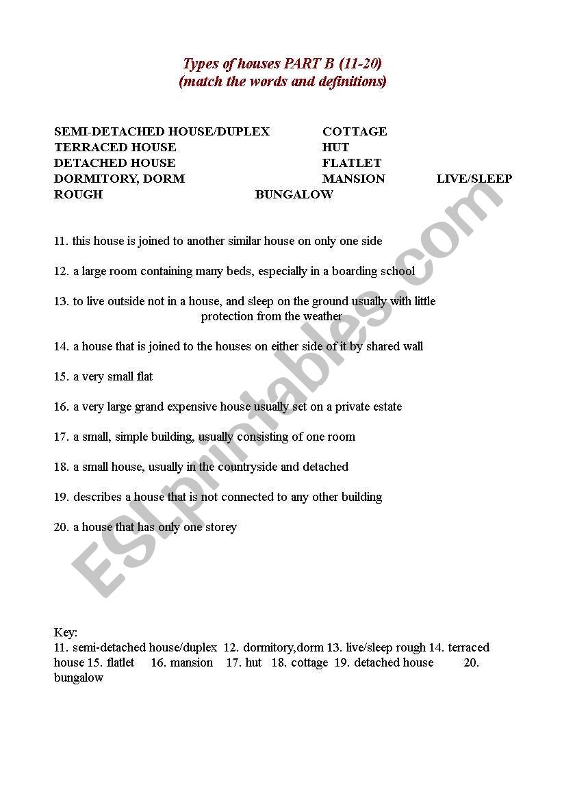 Types of houses - part B worksheet