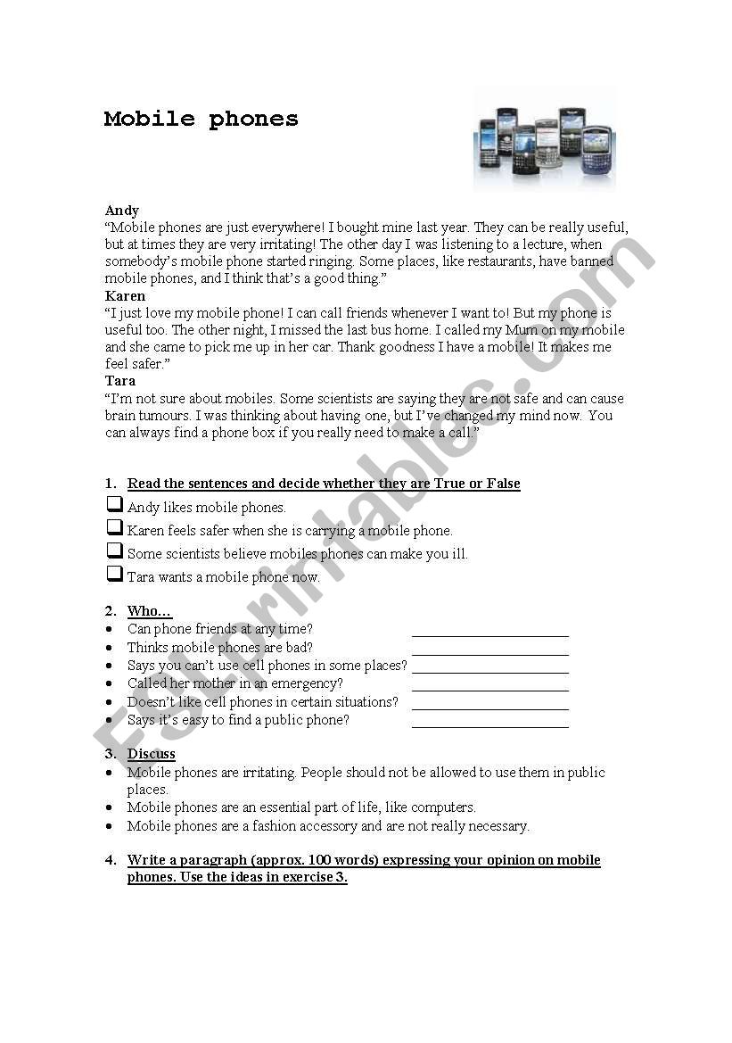 Mobile phones worksheet