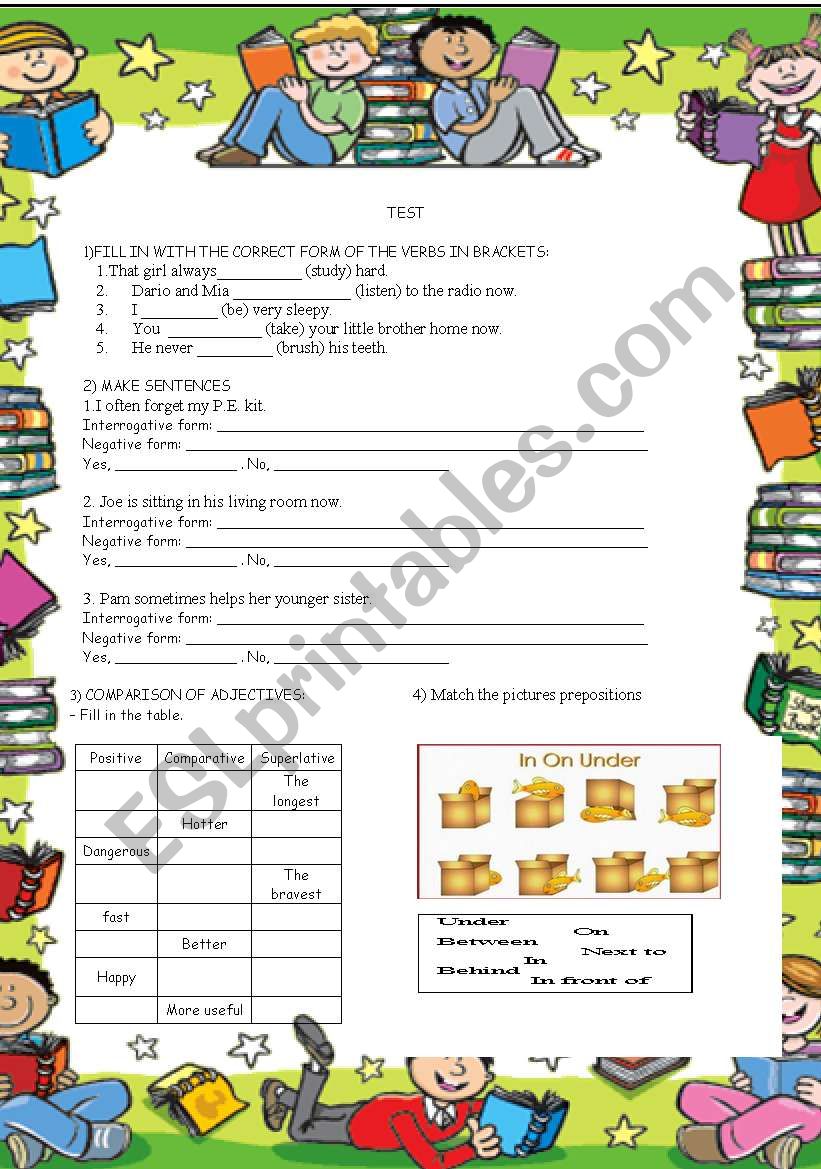 test- present tenses, comparison of adjectives,prepositions, 