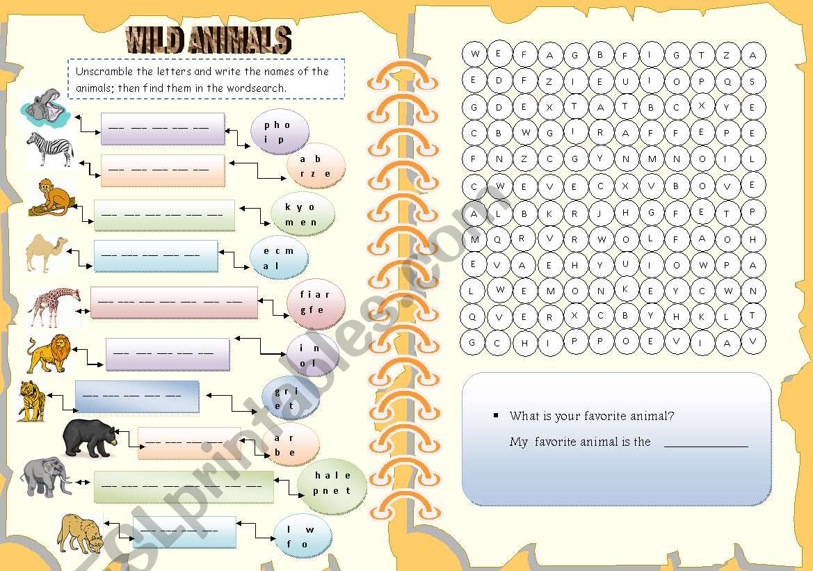 Wild animals - Unscramble the letters + wordsearch