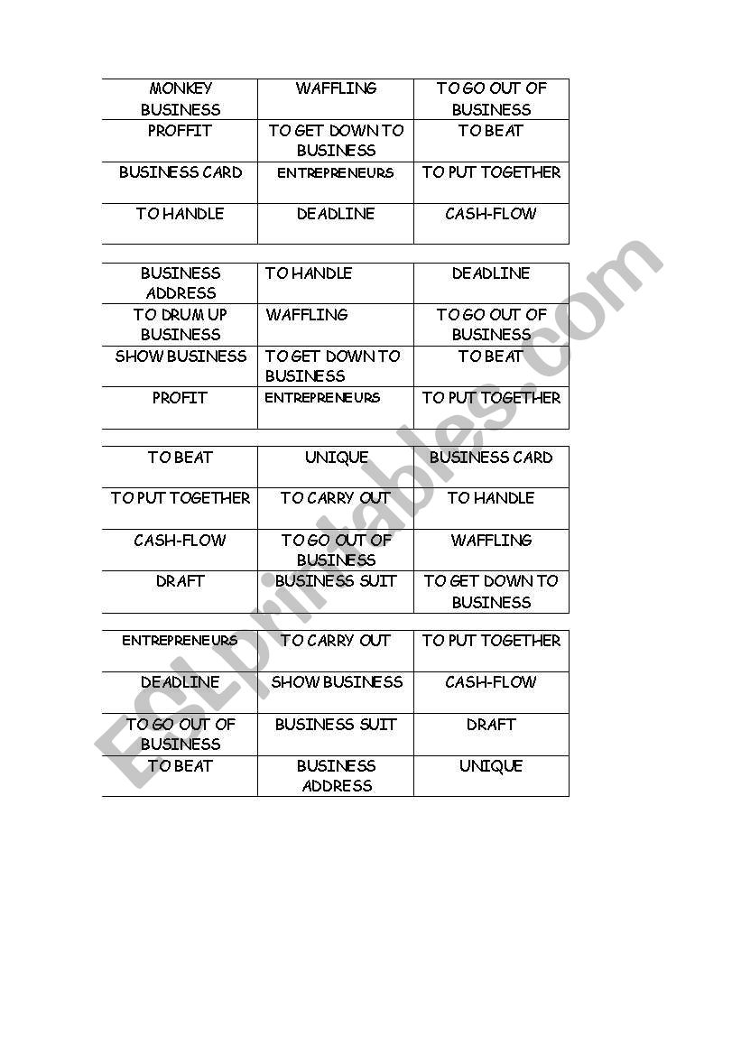 Business Vocabulary Bingo worksheet