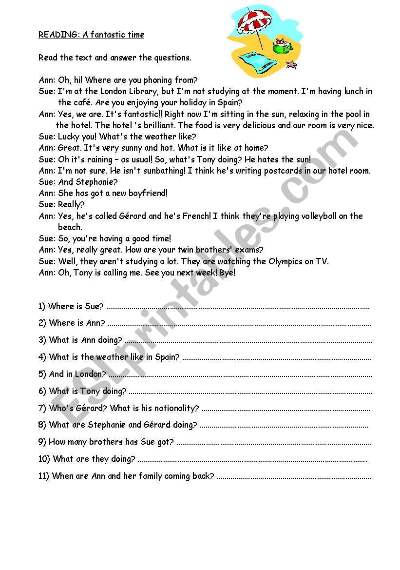 reading : A fantastic time worksheet