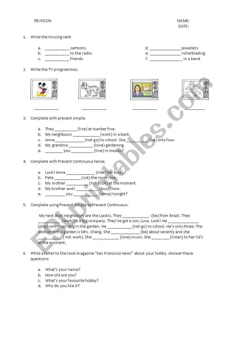 revision hobbies- present simple- present continuous- write a letter 