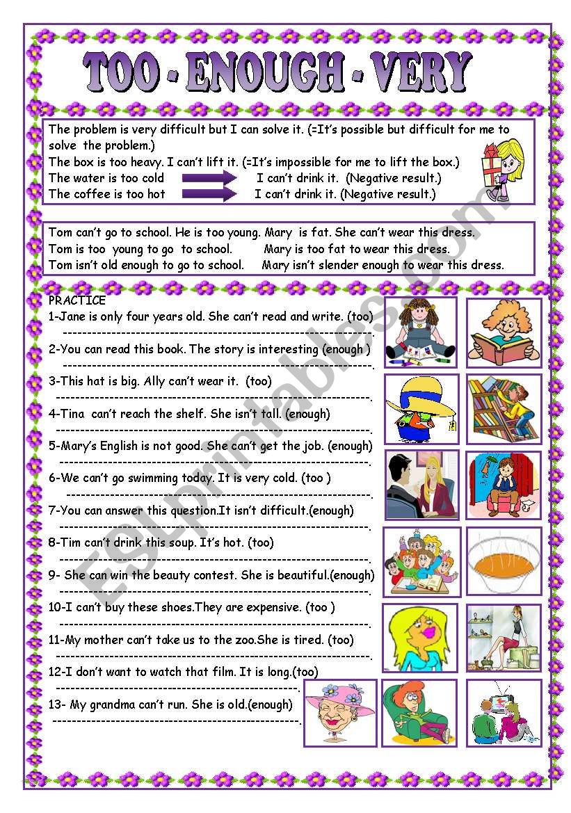 TOO - ENOUGH - VERY worksheet