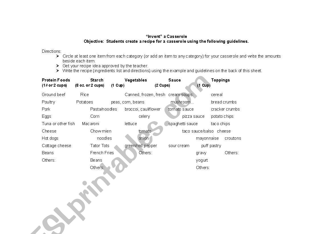 Invent a Casserole worksheet