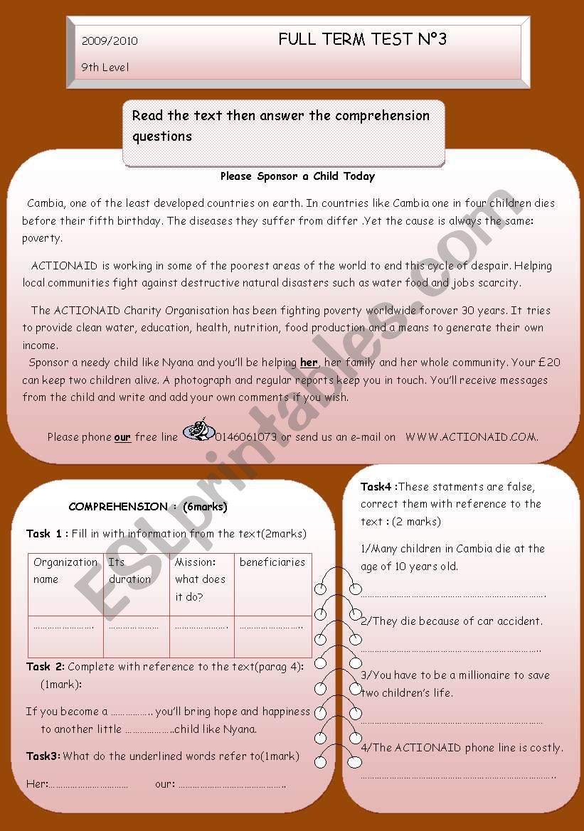 full term test n°3 for 9th form tunisian pupils
