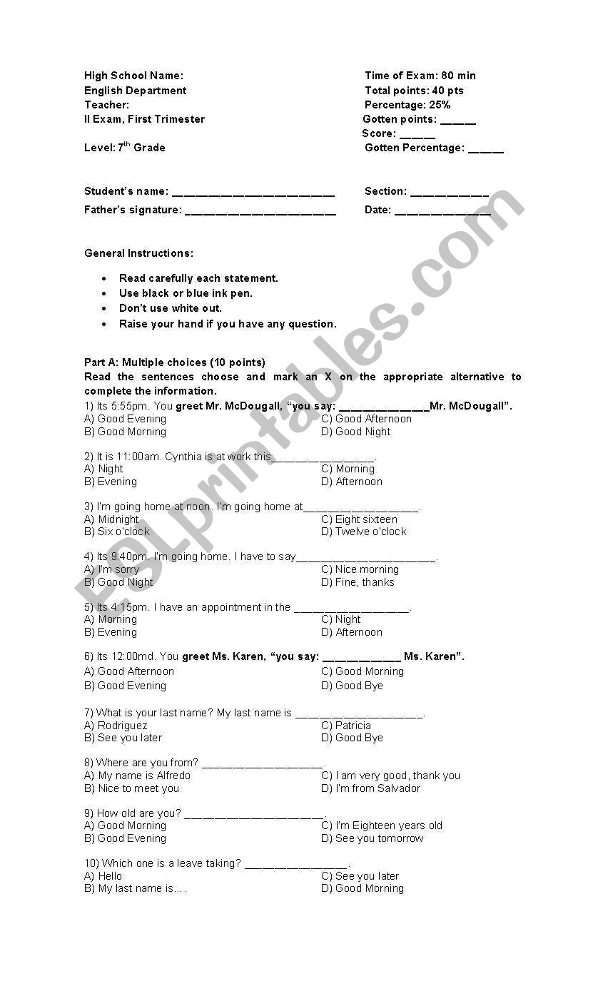 Verb to be and Greetings Test worksheet