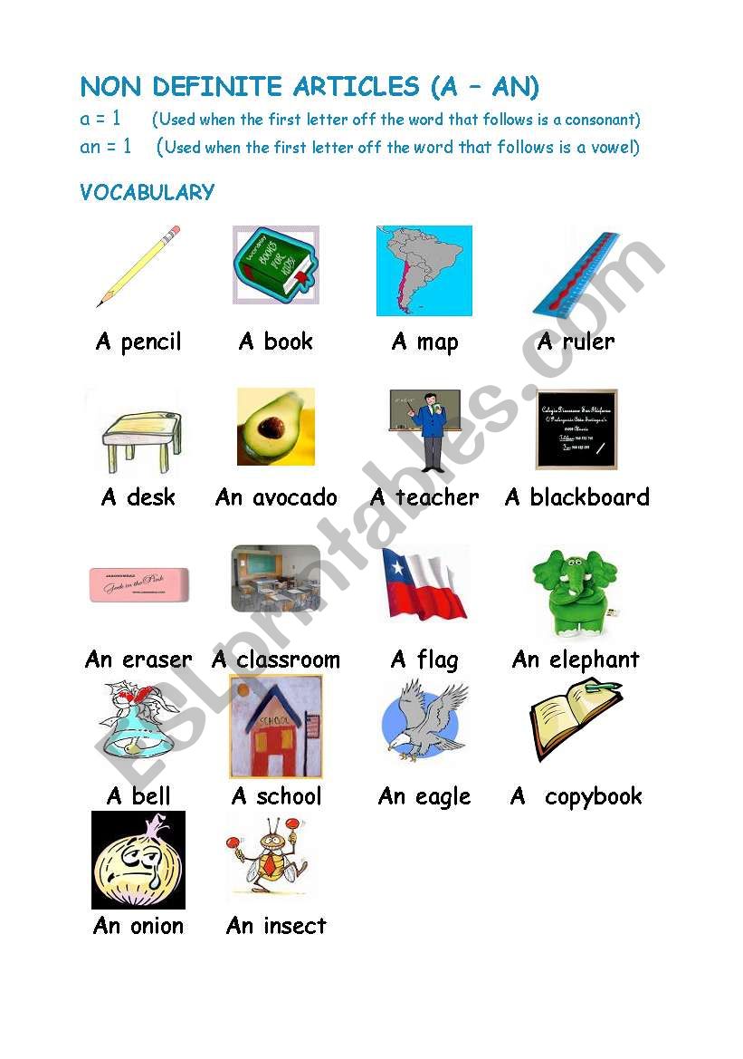 NON DEFINITE ARTICLES (ACTIVITIES WITH PICTURES INCLUDED)