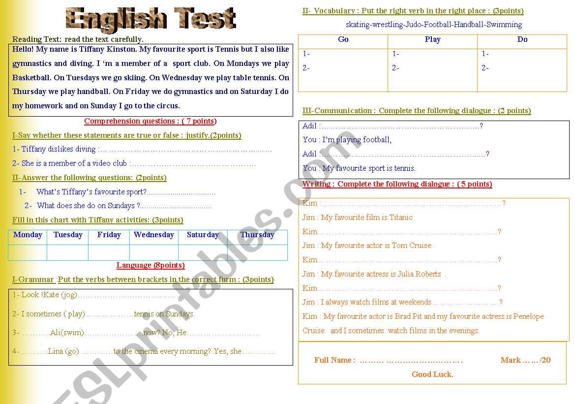 English Test ( unit Sports + Entertainment)