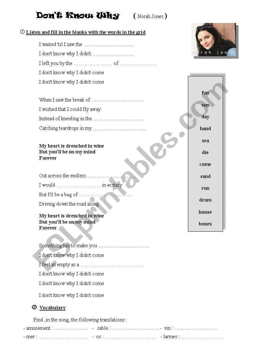 Norah Jones Dont know why worksheet