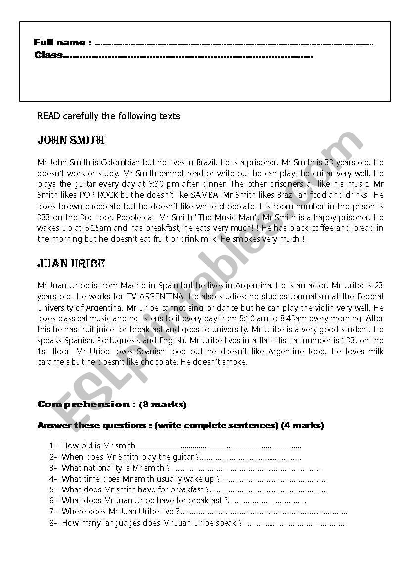 reading and comprehension worksheet