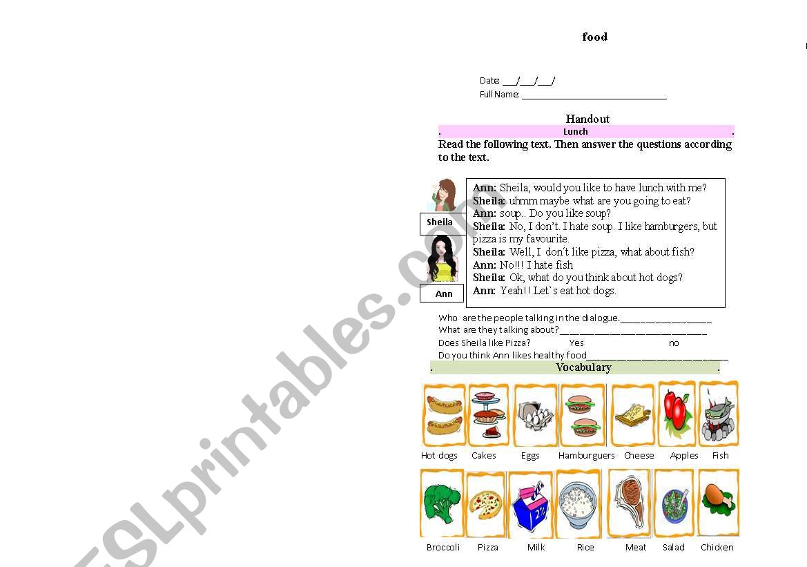 Food likes and dislikes worksheet