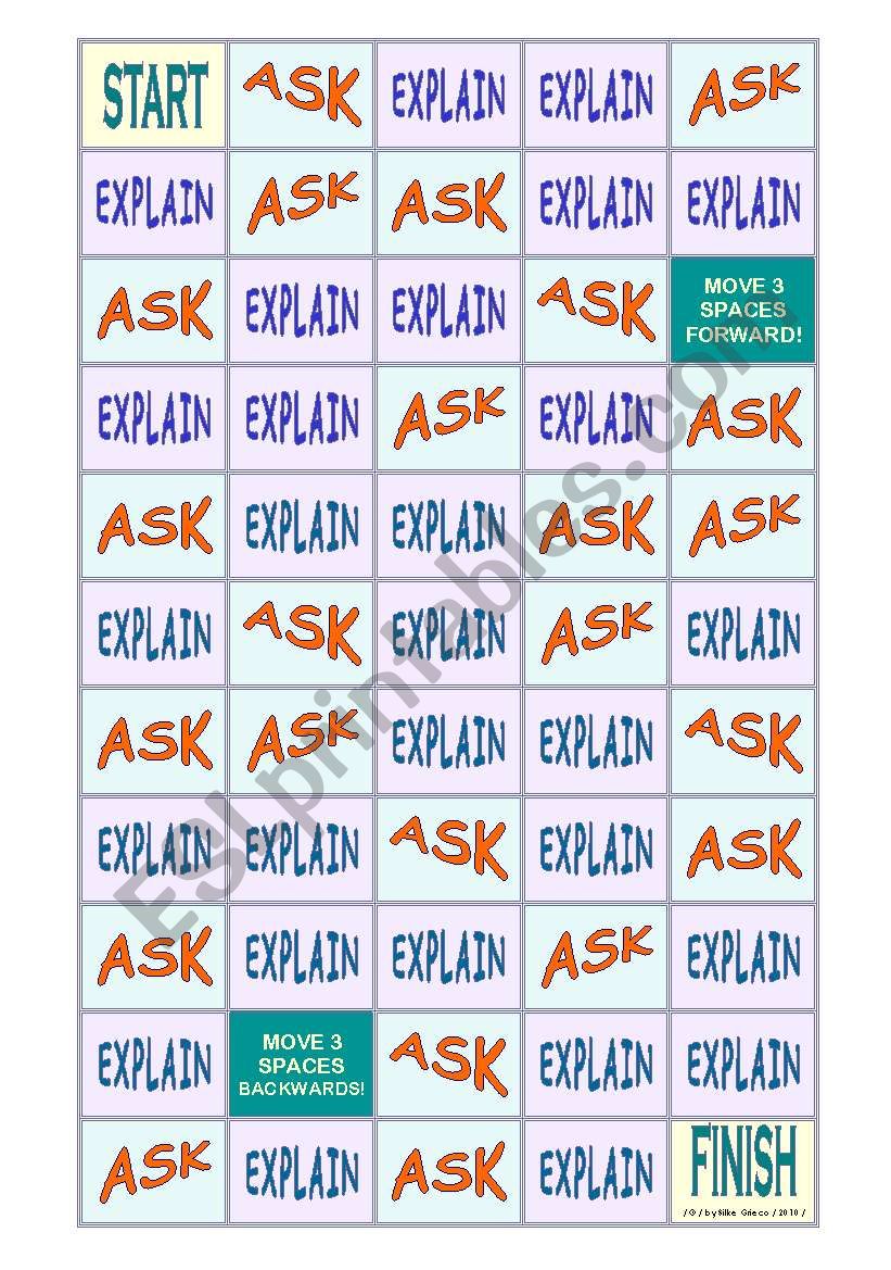 THE ASK AND EXPLAIN GAME  MAKE YOUR STUDENTS TALK!!  FULLY EDITABLE FUN ACTIVITY  13 pages  1 game board and 40 cards  B&W VERSION INCLUDED!!