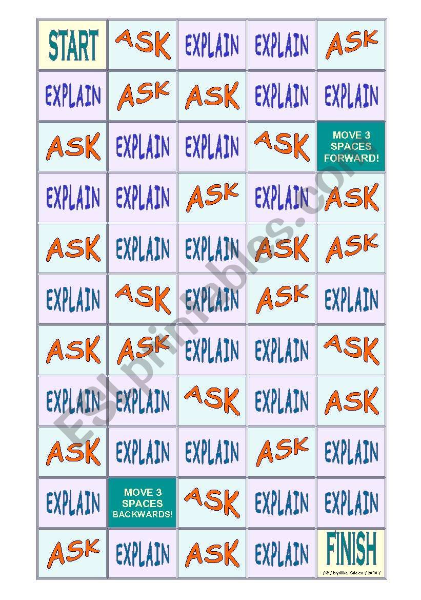 THE ASK AND EXPLAIN GAME â€¢ MAKE YOUR STUDENTS TALK!! â€¢ FULLY EDITABLE FUN ACTIVITY â€¢ 13 pages â€¢ 1 game board and 40 cards â€¢ B&W VERSION INCLUDED!!