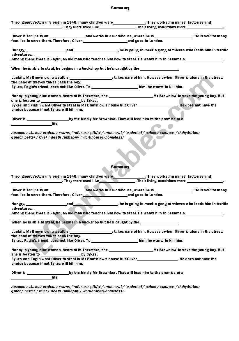 Oliver Twist worksheet