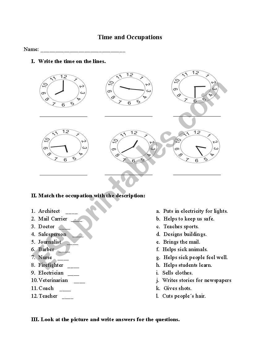 Time and occupations worksheet