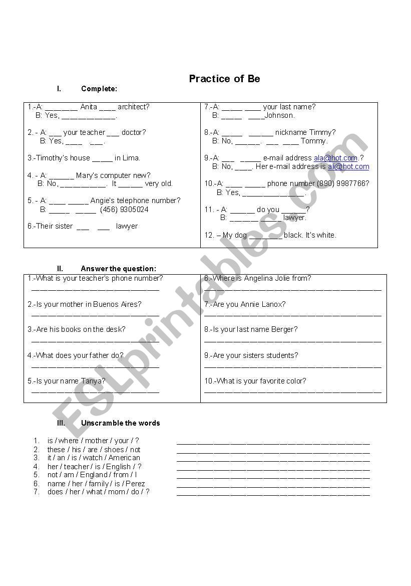 Practice of BE worksheet