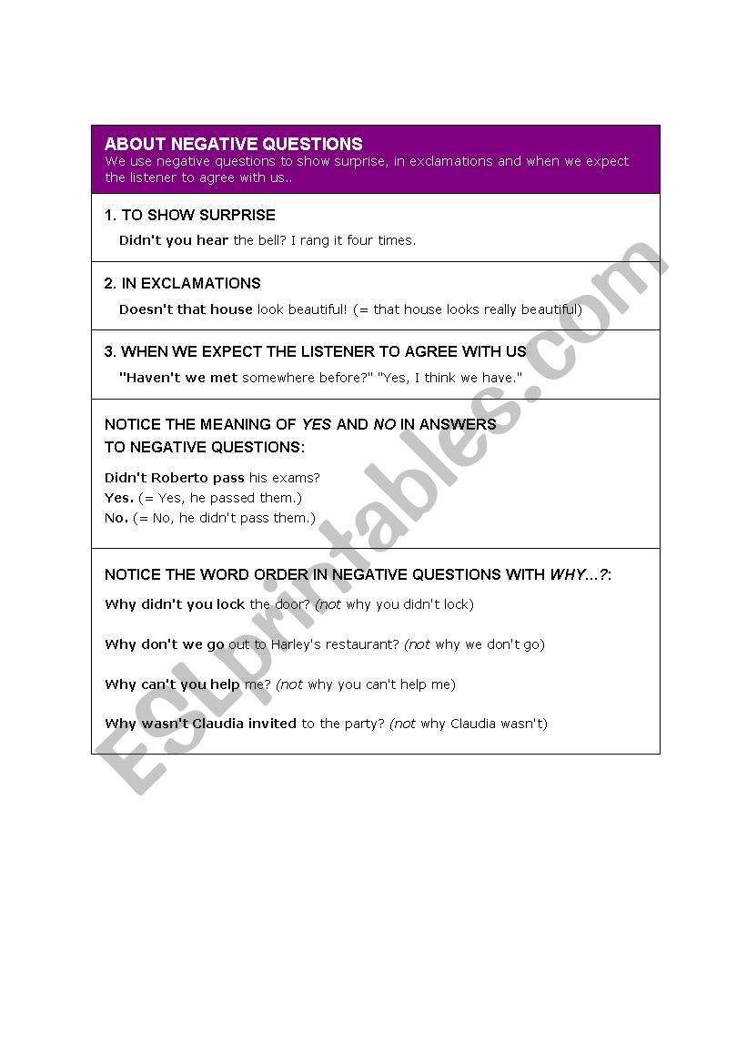 Negative Questions.  worksheet