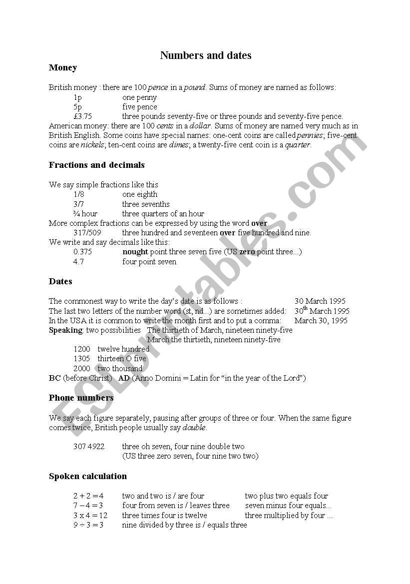 Numbers and Dates worksheet