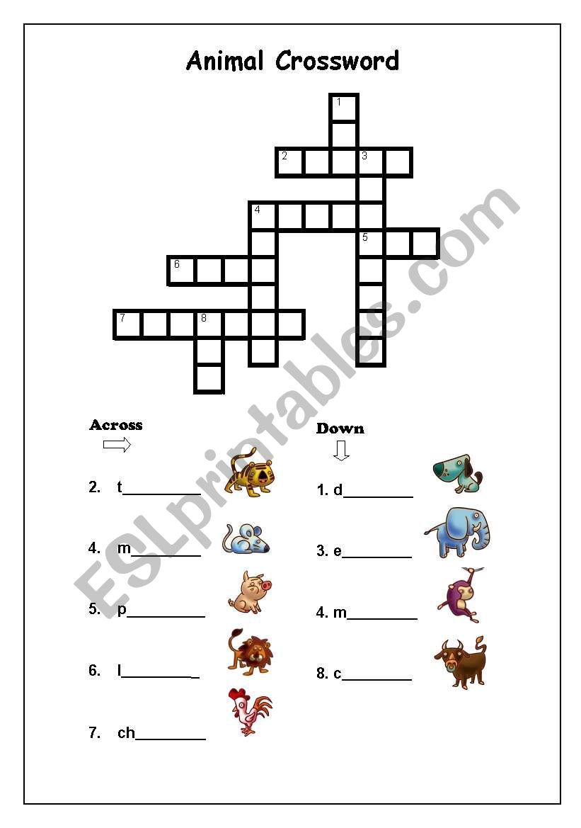 animal cross word worksheet