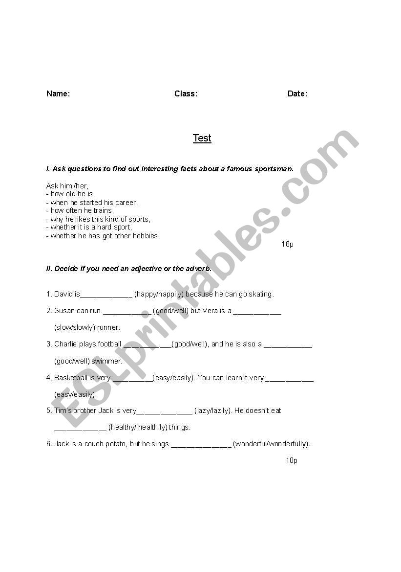 Adjective or Adverb- Test worksheet