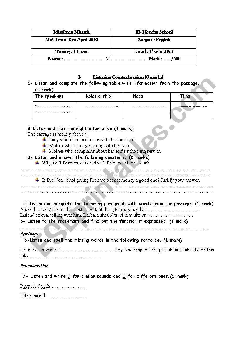 mid term test 3 first year worksheet