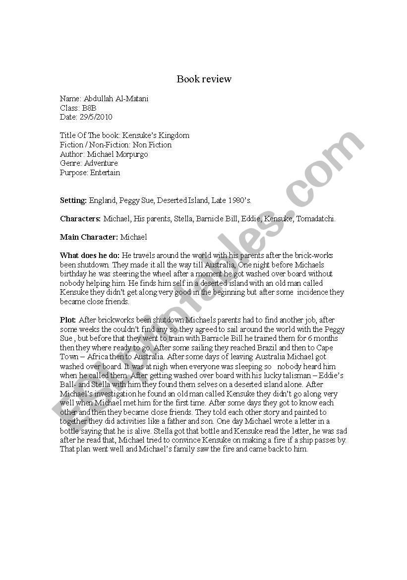 Kensukes Kingdom Book Review worksheet