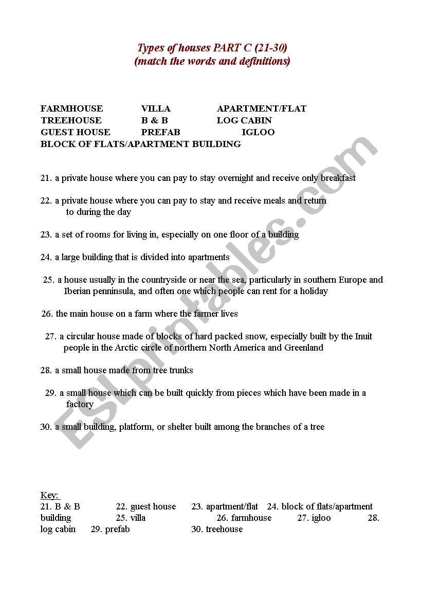 Types of houses - part C worksheet