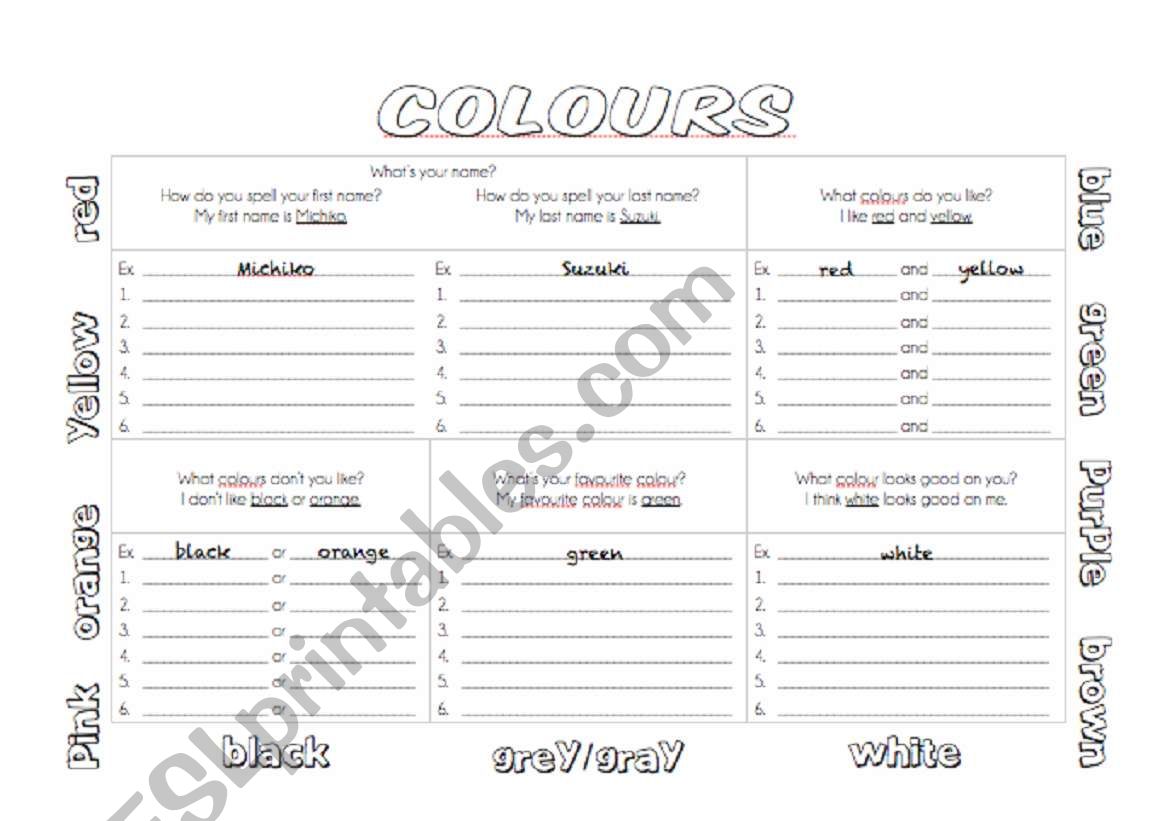 Colours questionnaire worksheet