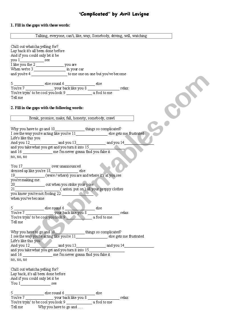 Complicated - Avril Lavigne worksheet