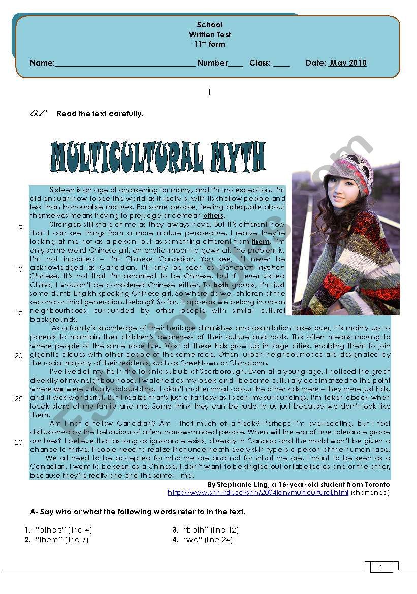 Test - multucultural myth worksheet