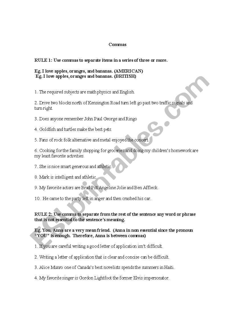 Comma Rules worksheet