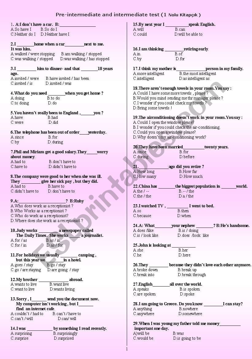 Pre-intermediate and intermediate tests