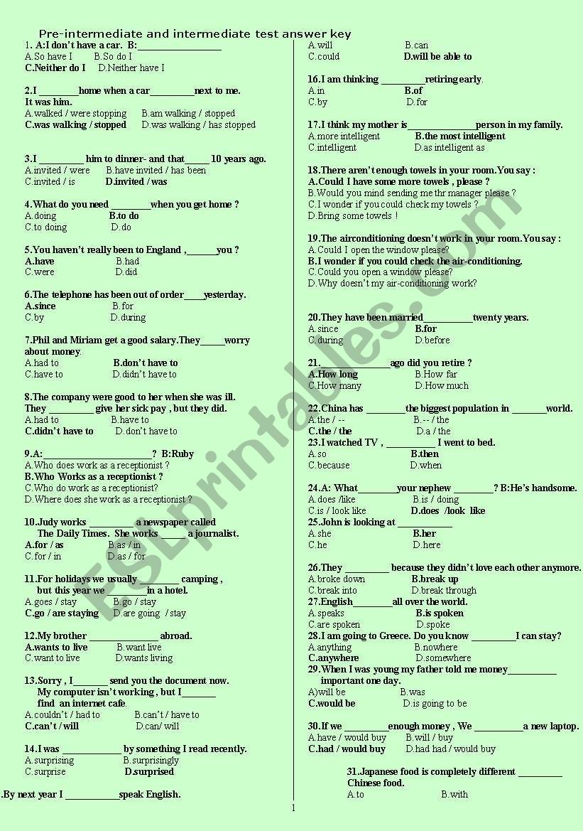 Answer Key for Pre-intermediate and intermediate test 