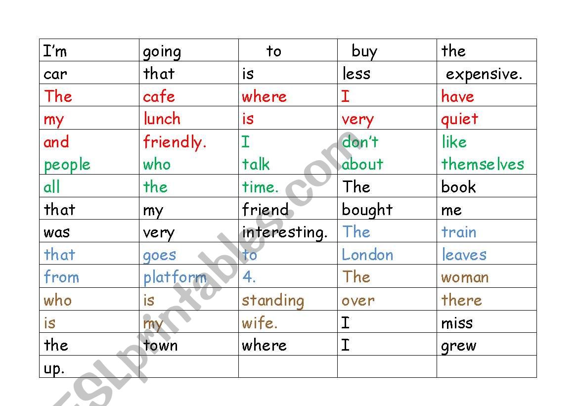 Relative clause arrange the words activity