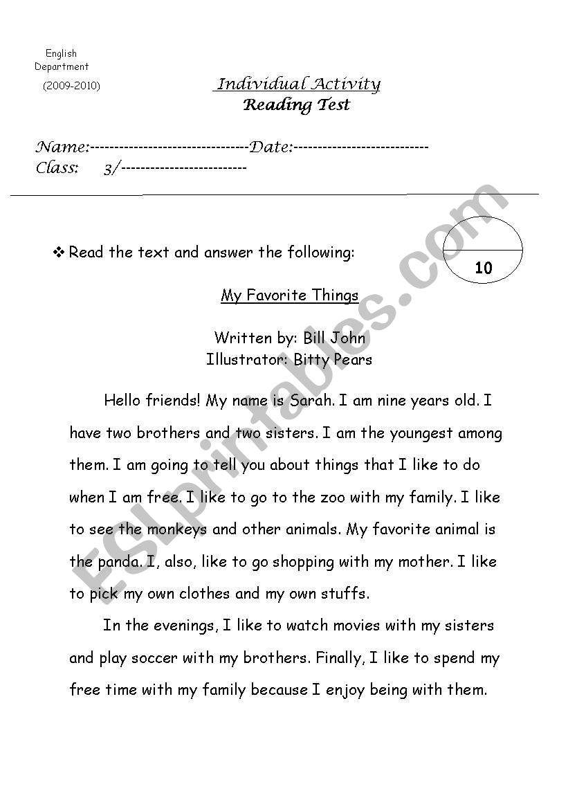 My Favorite thing worksheet