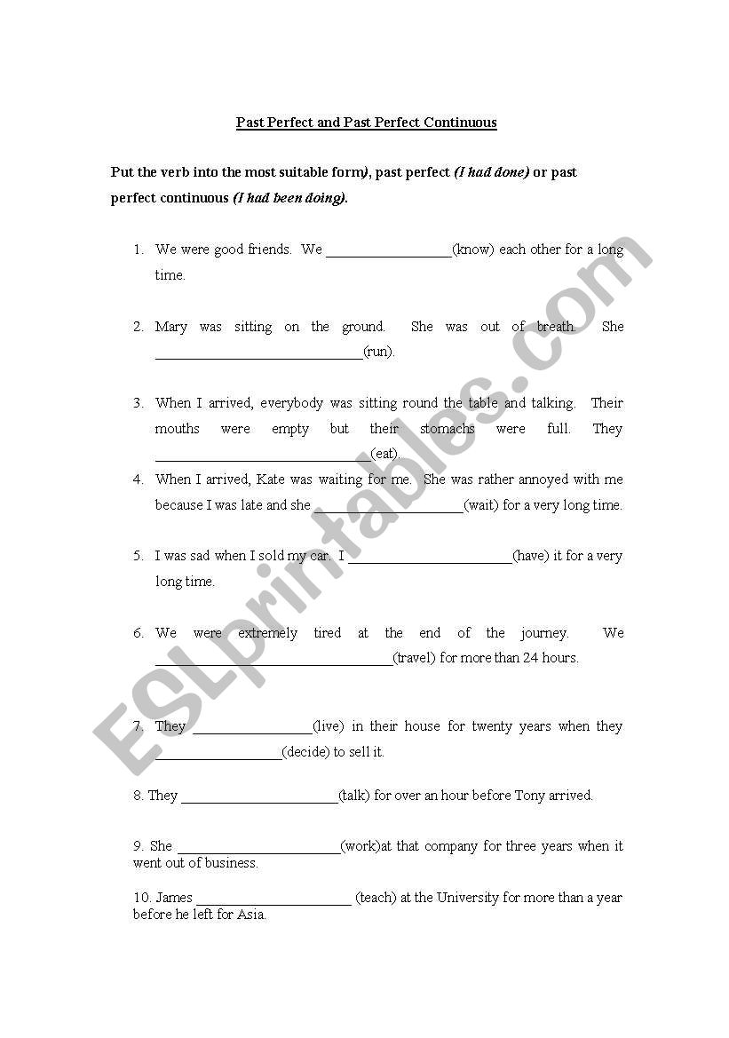 past perfect worksheet