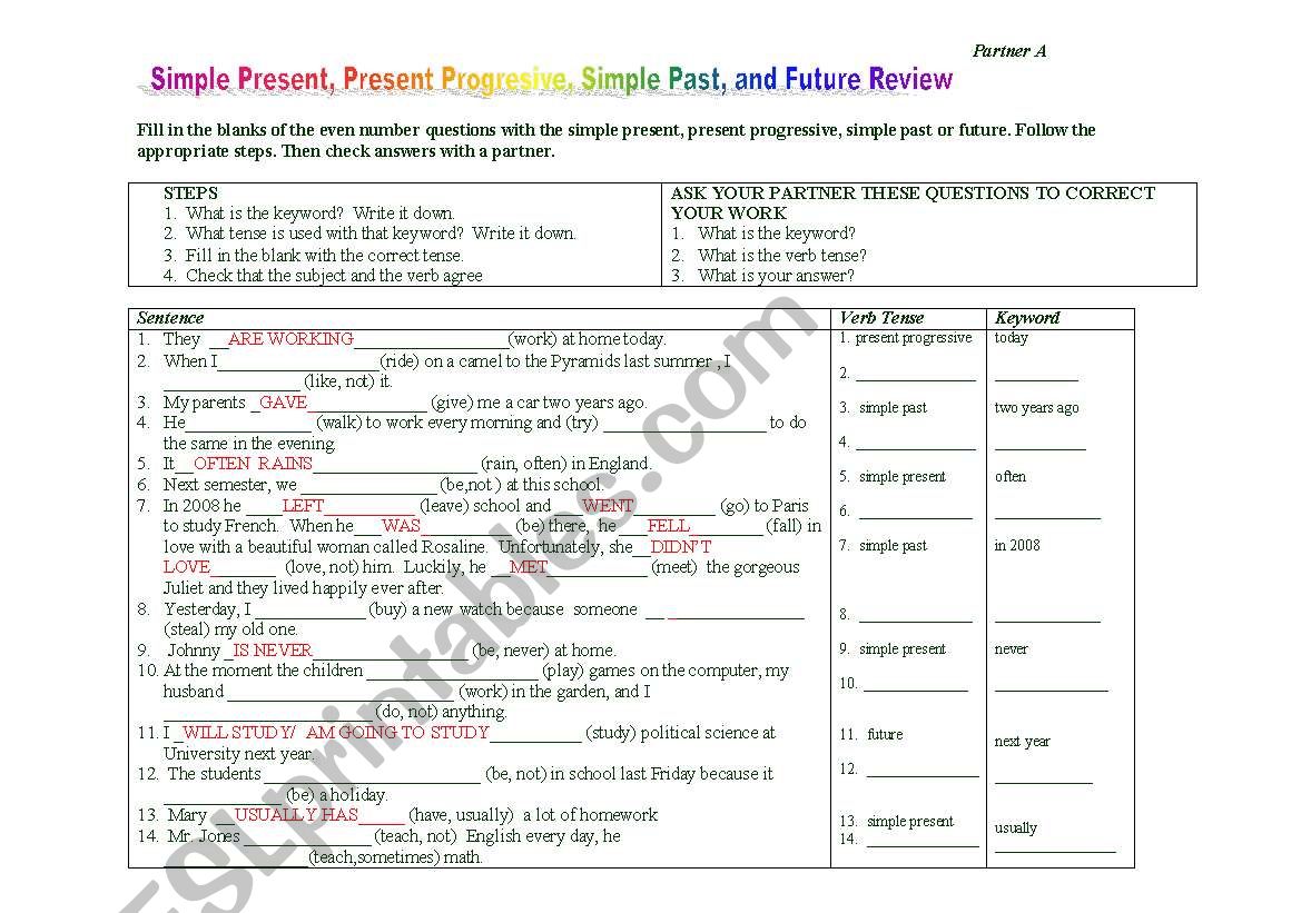 Verb Tense Information Gap worksheet