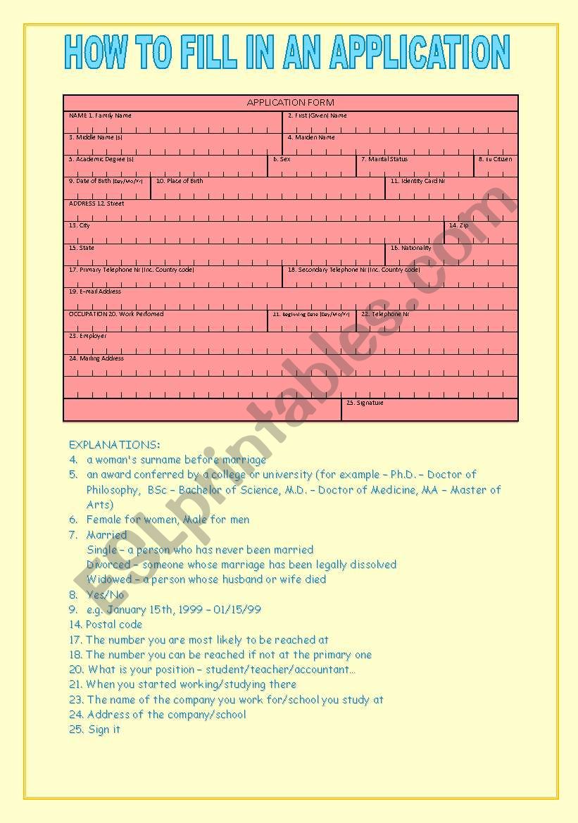 Application form worksheet