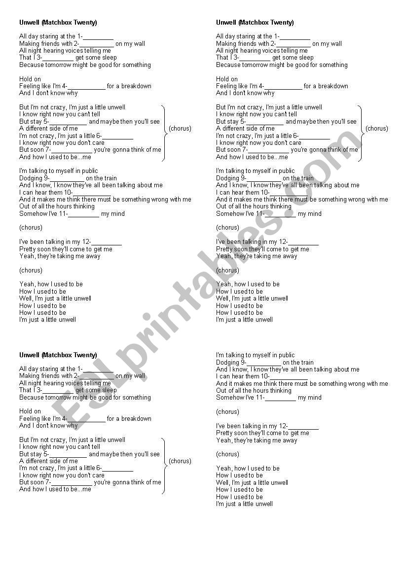 Unwell (Matchbox Twenty) worksheet