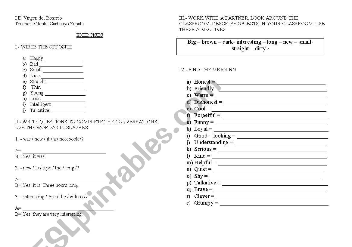 exercises adjectives worksheet