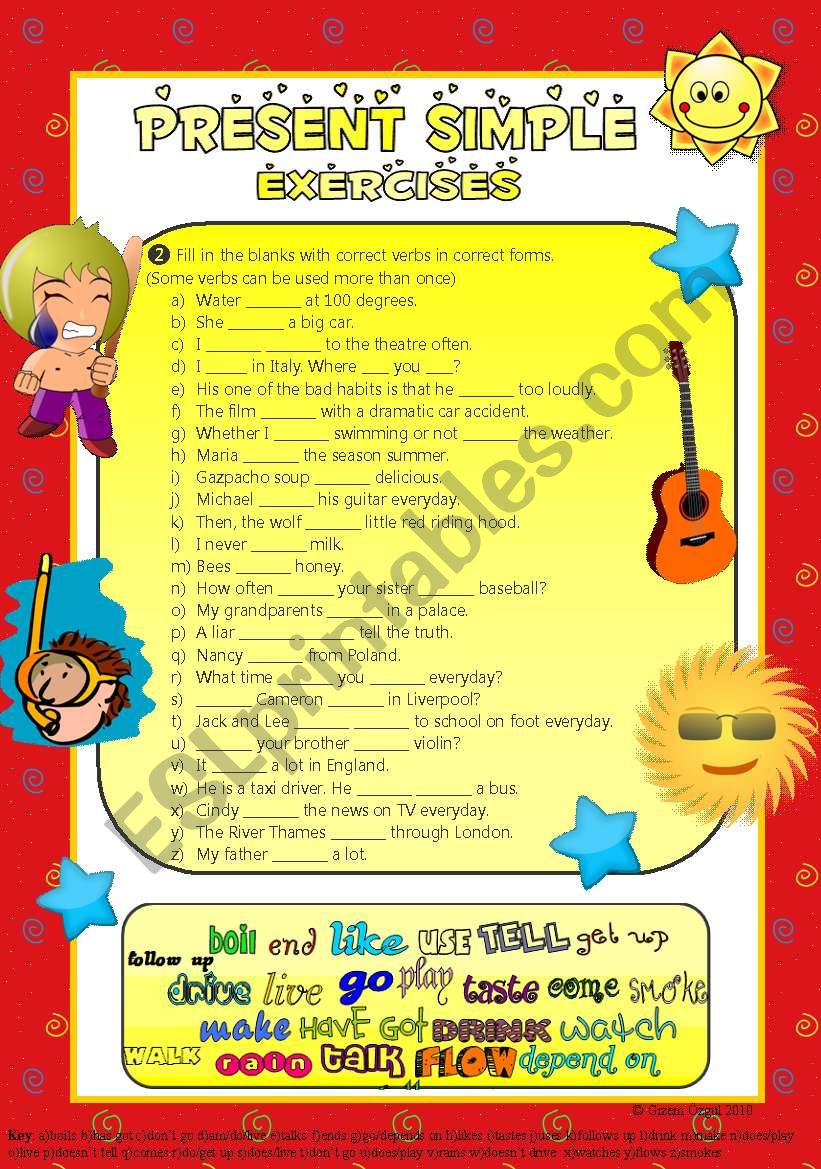 Present simple fill in the blanks esl worksheet by gyzmys
